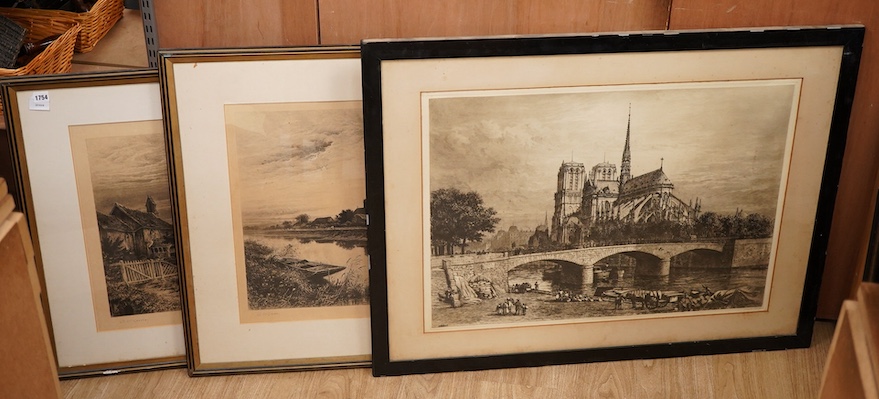 After Benjamin Williams Leader (1831-1923), Riverscape, Victorian print, together with two other prints, 48 x 81cm